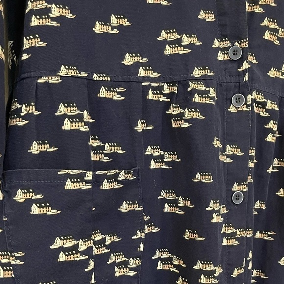 NAVY Blue Vintage Cotton Midi Dress Nautical Boats and Harbour Print Coastal - Picture 11 of 12